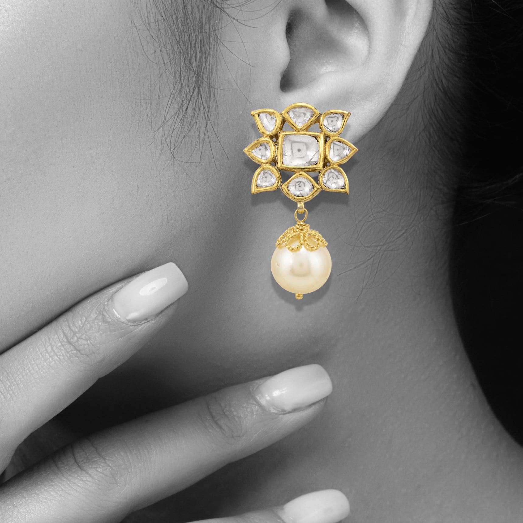 Star-Shaped Polki Earrings with Pearl Drop & Gold Detail
